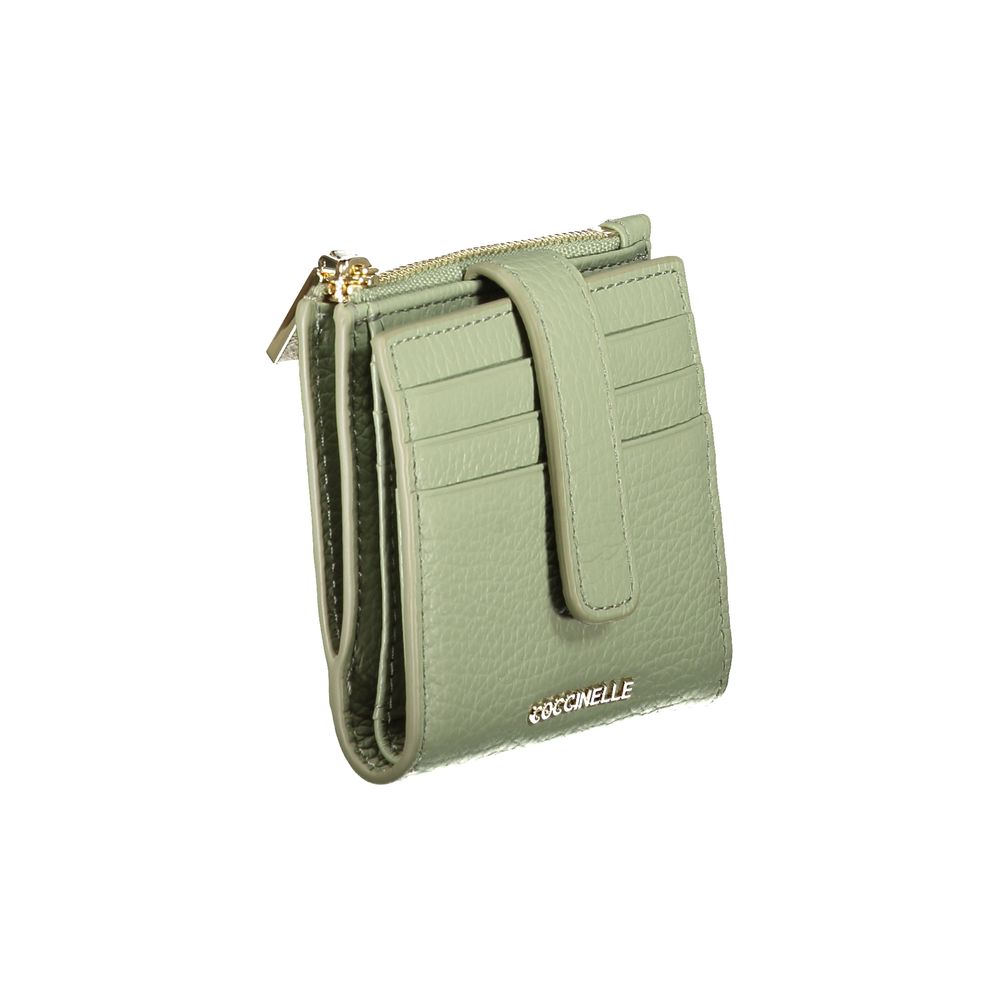 Coccinelle Green Leather Women Wallet with card slots and zip closure, showcasing Italian craftsmanship and elegant design.