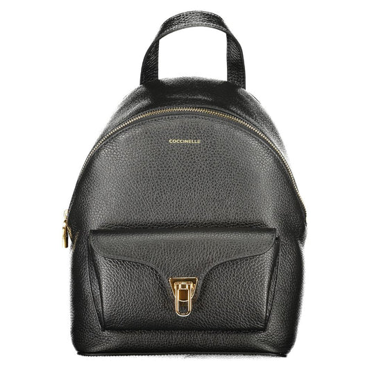 Coccinelle Black Leather Women Backpack with twist closure and logo, featuring premium leather for urban chic style.