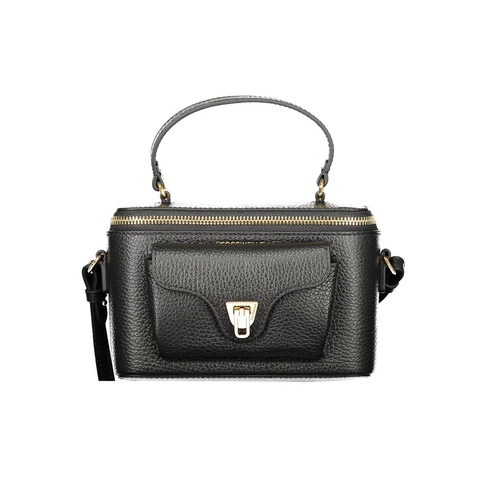 Coccinelle Black Leather Women Handbag with a chic design, featuring a swivel and zip closure, black hue, and distinctive logo.