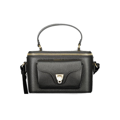 Coccinelle Black Leather Women Handbag with a chic design, featuring a swivel and zip closure, black hue, and distinctive logo.
