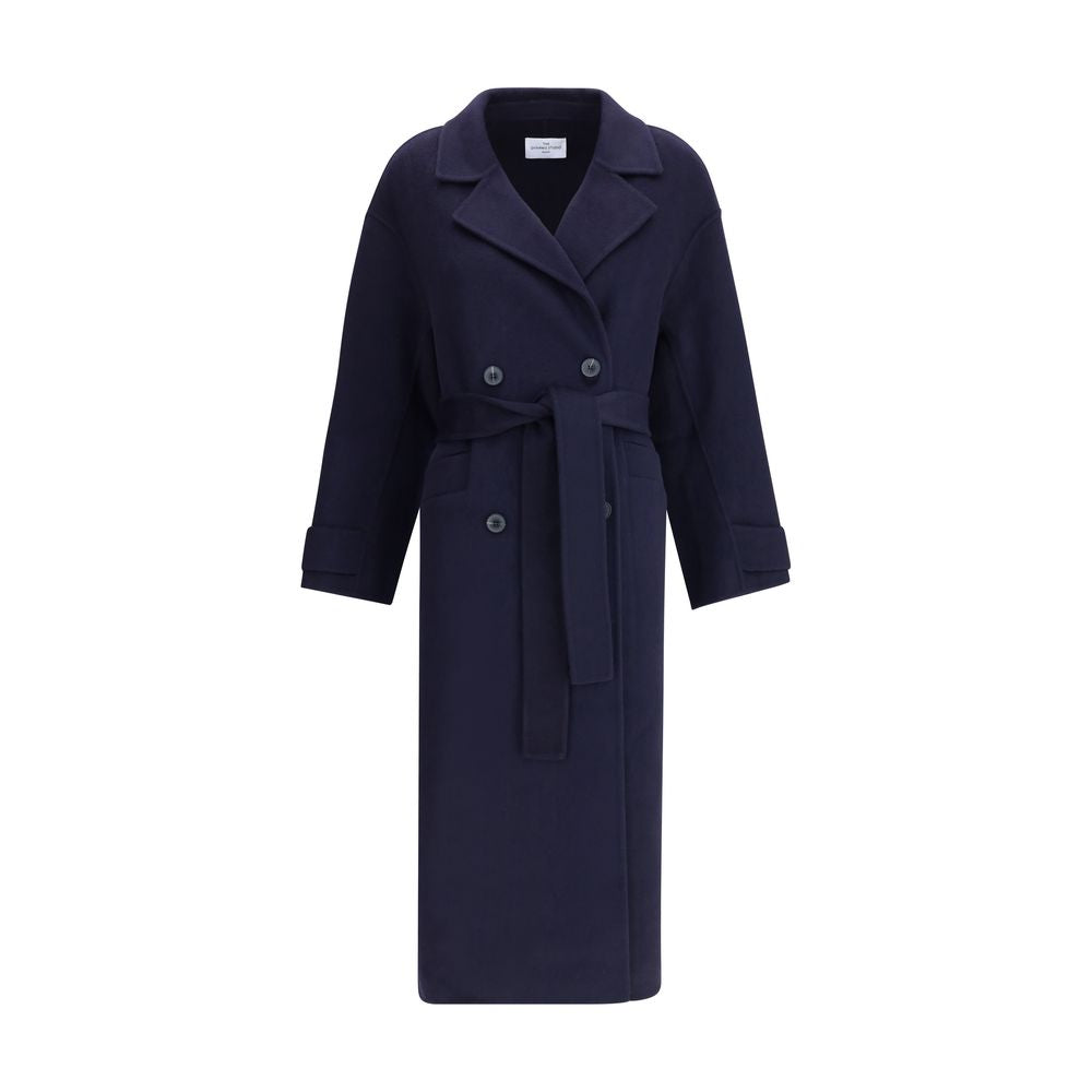 Dynamis Studio Blue Wool Coat, double-breasted with belt, long sleeves, ideal for AW25 fashion, classic lapels and button closure.
