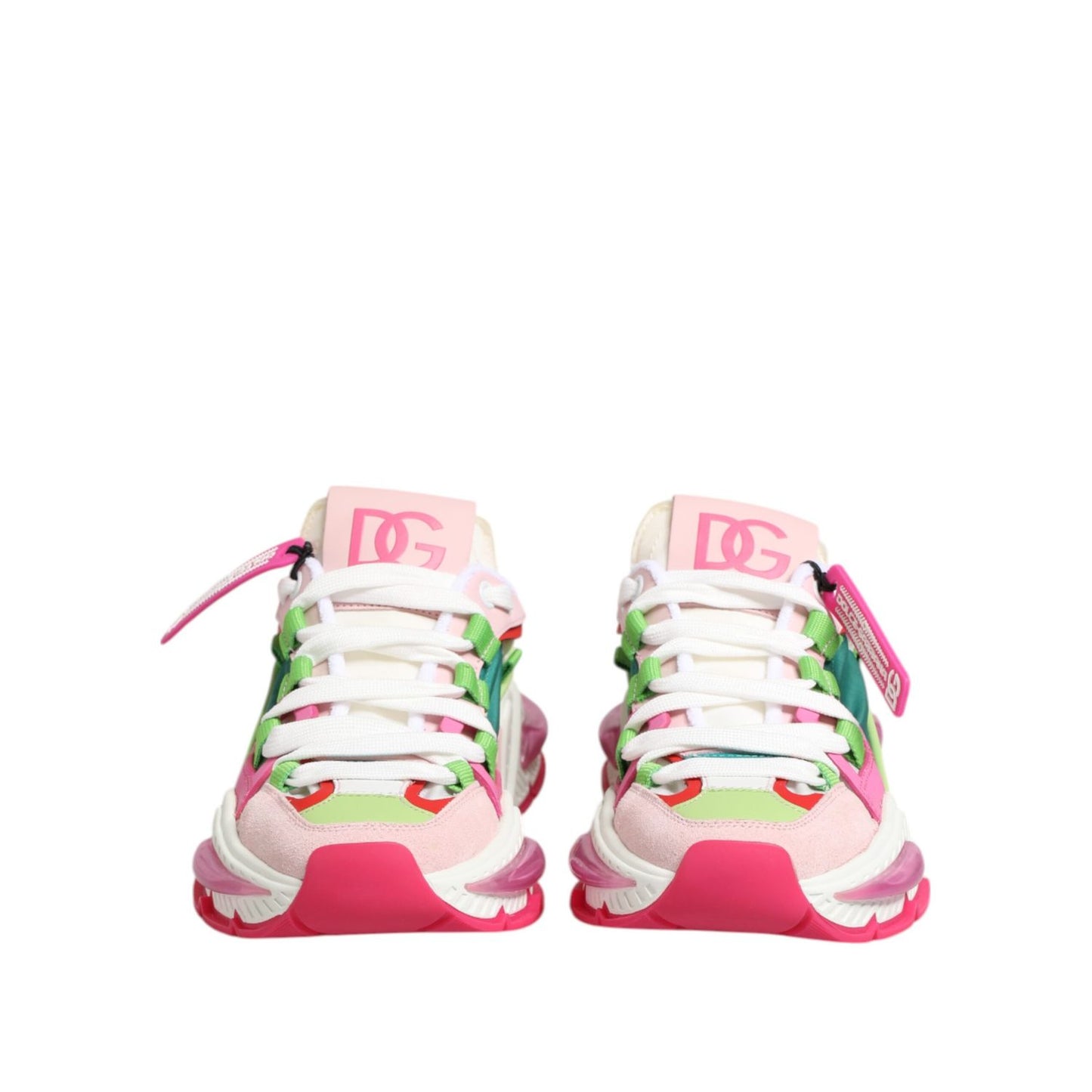 Dolce & Gabbana Multicolor Leather Airmaster Low Top Sneaker Shoes in vibrant pink, green, and white with branded details.