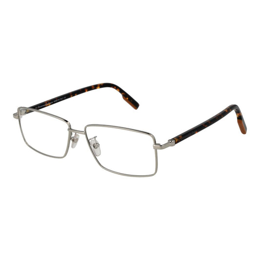 Ermenegildo Zegna Silver Men Glasses Frame, metal full-rim rectangle style with demo lenses and branded case.