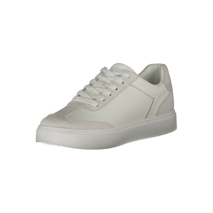 Calvin Klein White Leather Men Sneaker with plush footbed, crisp white design, and sporty sophistication.