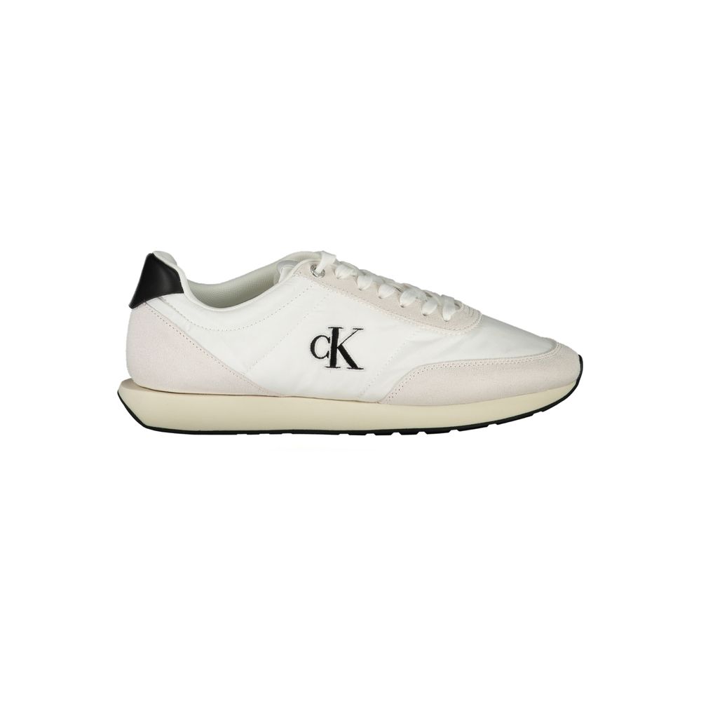Calvin Klein White Polyester Men Sneaker with black accents and logo embroidery, crafted for style and sustainability with recycled materials.