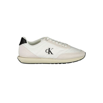 Calvin Klein White Polyester Men Sneaker with black accents and logo embroidery, crafted for style and sustainability with recycled materials.