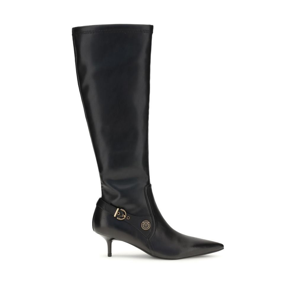 PINKO Black Goatskin Ankle Boots with knee-length design, rounded toes, high heels, and metal loop straps for a stylish feminine look.