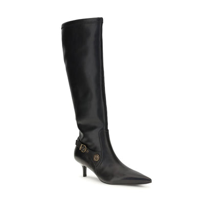 PINKO Black Goatskin Ankle Boots with rounded toes, high heels, leather lining, and metal loop straps on smooth nappa leather.