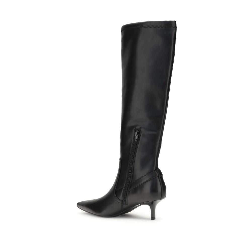 PINKO Black Goatskin Ankle Boots featuring nappa leather, knee-length with metal loop straps, high heels, and zippers for easy wear.