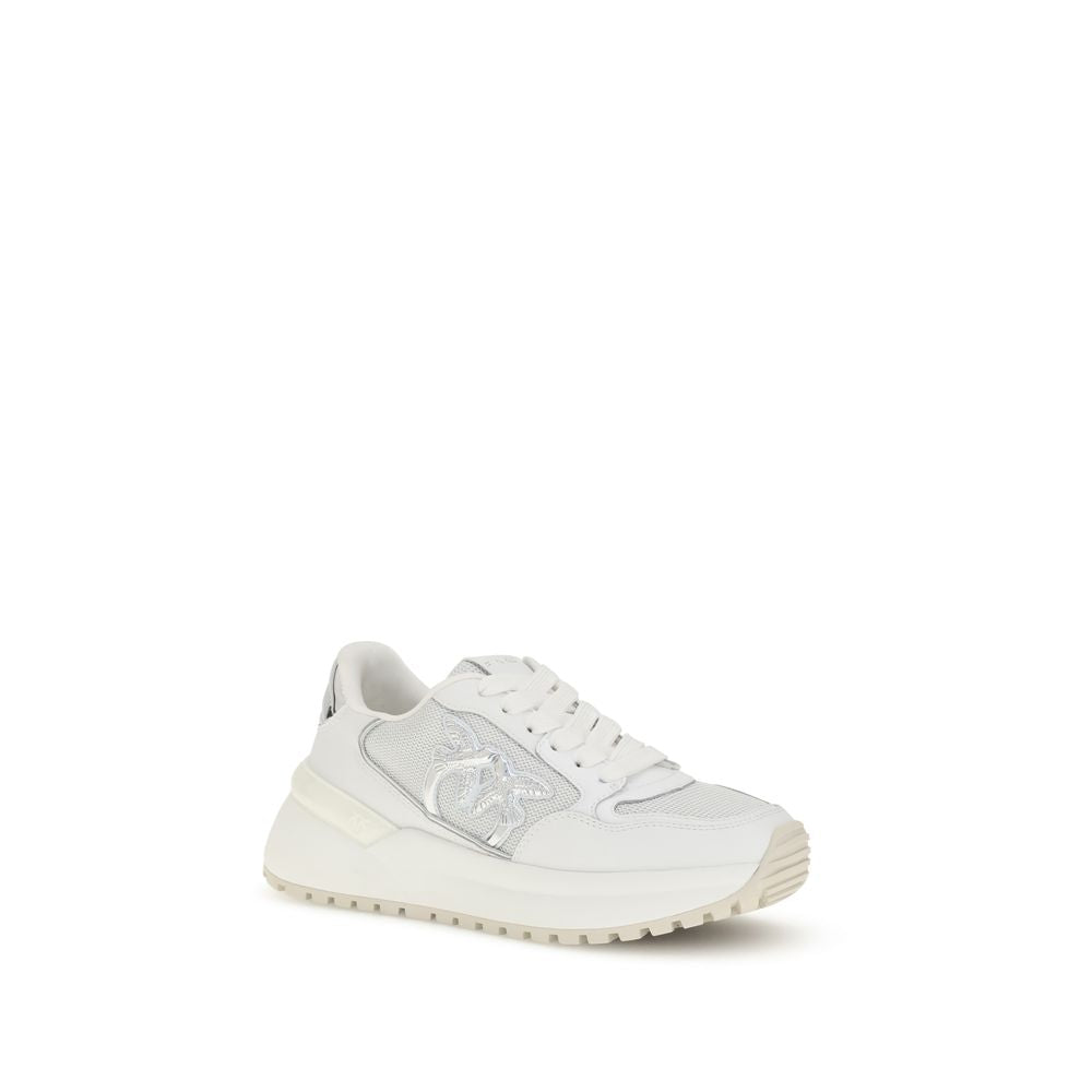 PINKO White Calf Leather Bos Taurus Chunky Sneakers with mirrored detail and Love Birds logo, featuring comfort leather insole and rubber sole.
