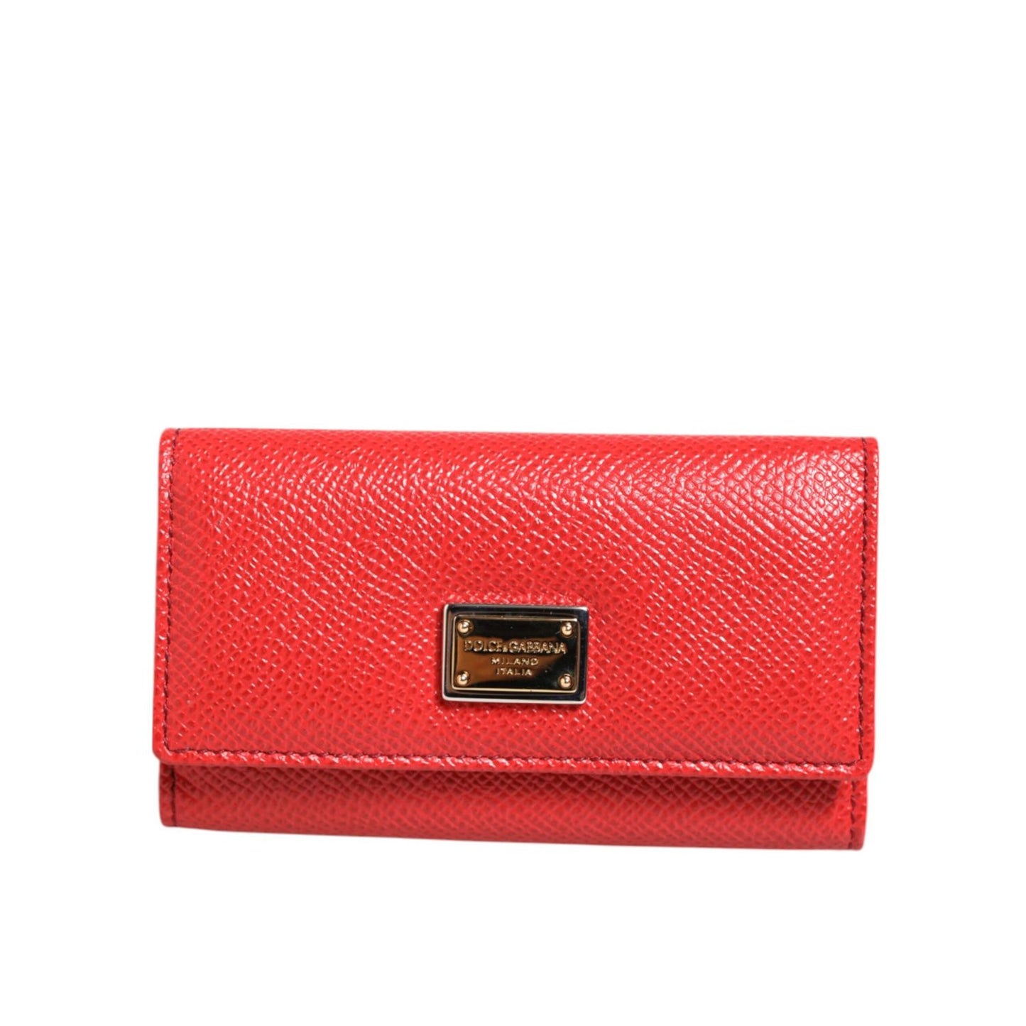 Dolce & Gabbana Red Leather Silver Metal Logo Plaque Trifold  Key Holder