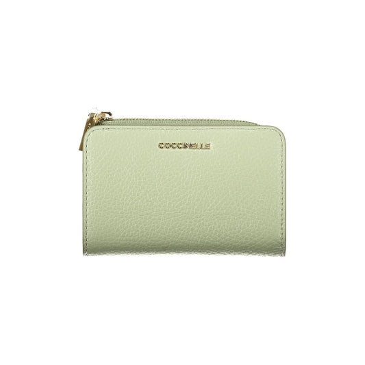 Coccinelle Green Leather Women Wallet with logo and zip closure, showcasing premium design and functionality.