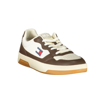Tommy Hilfiger White Leather Men Sneaker with brown accents and logo on a white base, featuring a stylish and comfortable design.