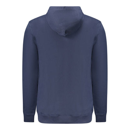 Back view of Tommy Hilfiger Blue Cotton Men Sweater with hood, showcasing eco-friendly material and comfort-focused design.