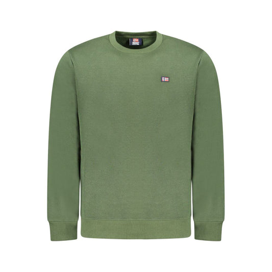 Norway 1963 Green Cotton Men Sweater long-sleeved crew neck with applique, perfect for modern urban fashion and cozy getaways.