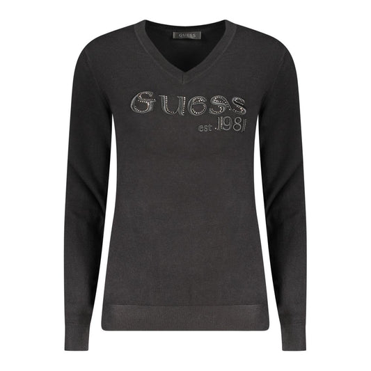 Guess Jeans Black Viscose Women Sweater with V-neck and rhinestone logo