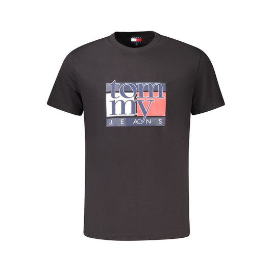 Tommy Hilfiger Black Cotton Men T-Shirt with logo print, short-sleeved, made from 95% regenerative cotton for an eco-friendly choice