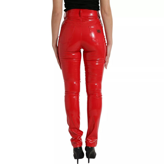 Back view of Dolce & Gabbana Red High Waist Skinny Trouser Shiny Pants with logo detail, made in Italy, featuring zipper closure and high comfort fit.