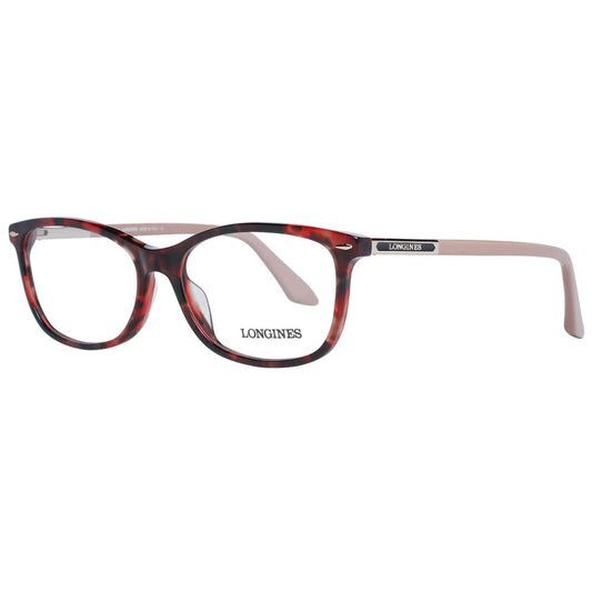 Longines Red Women Glasses Frame in square style with full-rim design, plastic material, demo lenses, and branded case.