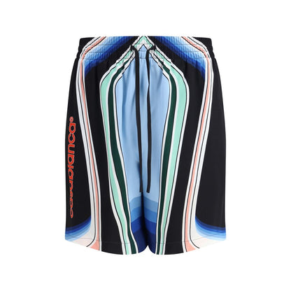 Casablanca Multicolor Silk Bermuda Shorts with graphic mountain print, elasticated waistband, and side pockets. 100% satin silk. AW25.
