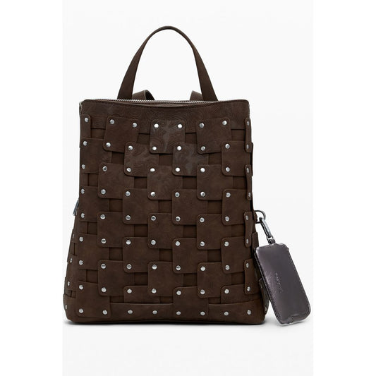 Desigual Brown Polyethylene Women Backpack with studs and adjustable straps, trendy design for fashion-forward individuals.