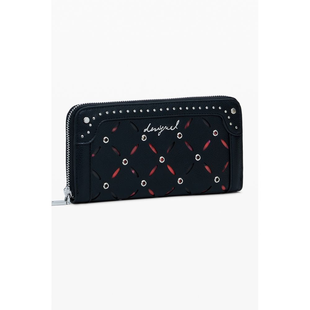 Desigual Black Polyethylene Women Wallet with studs and contrasting details, showcasing modern chic design and functionality.