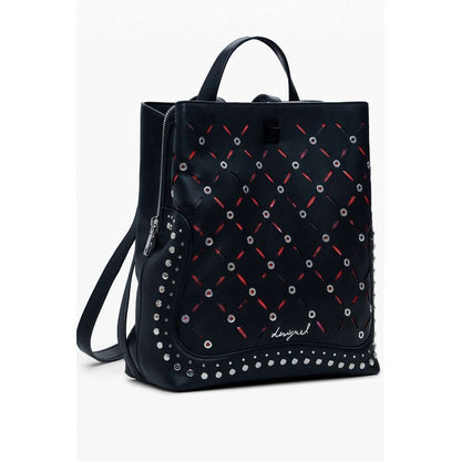 Desigual Black Polyethylene Women Backpack with studded design, external pocket, adjustable straps, and multiple compartments.