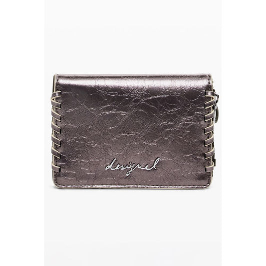 Desigual Bronze Polyethylene Women Wallet with signature embroidery and zip closure, front view.