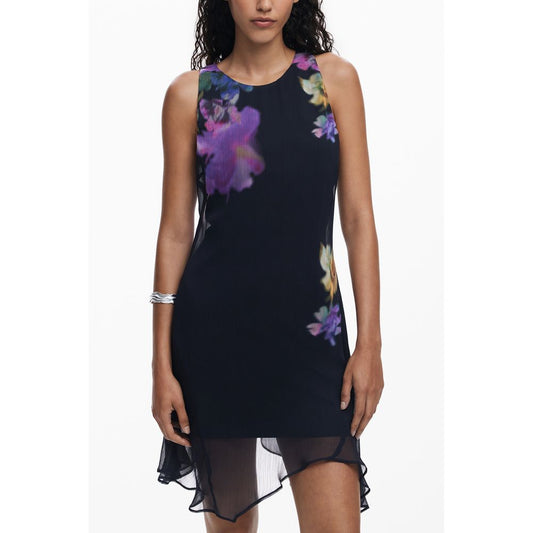 Desigual Black Polyester Women Dress with floral print, sleeveless design, and button detail, showcasing signature style and crew neck.