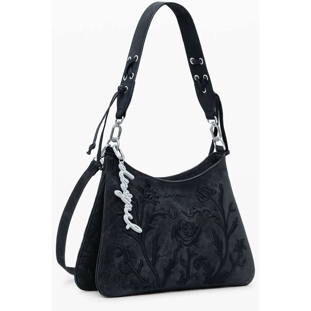 Desigual Black Polyethylene Women Handbag with floral embroidery and adjustable strap.
