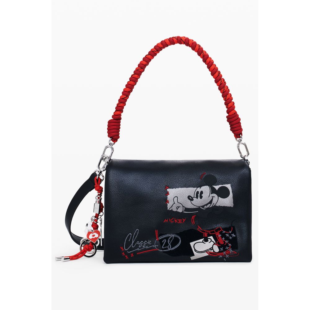 Desigual Black Polyethylene Women Handbag with Mickey Mouse print, red and black embroidery, adjustable strap, and secure closure.