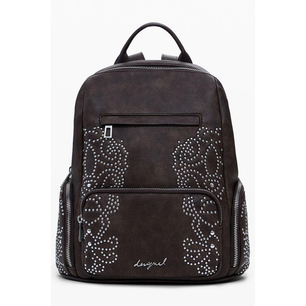 Desigual Brown Polyethylene Women Backpack with studded accents and multiple pockets for stylish functionality