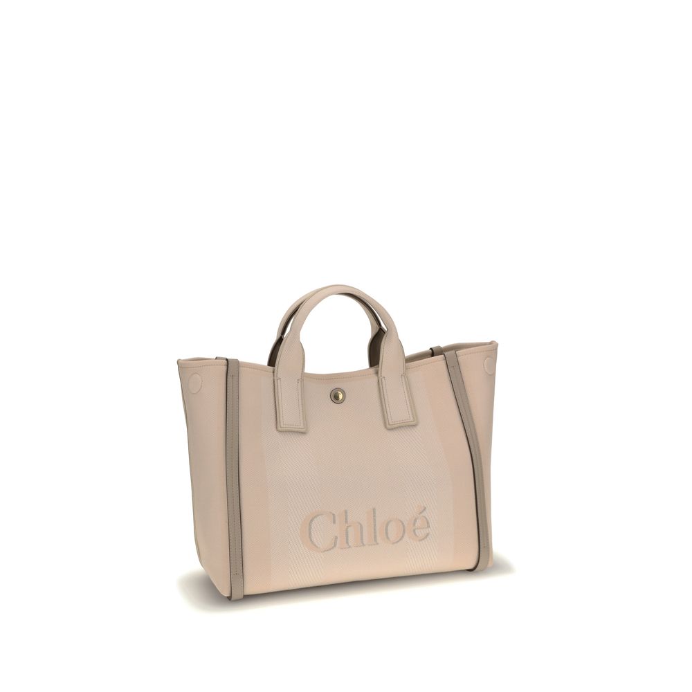 Chloé Beige Cotton Handbag with leather details, iconic monogram, and snap top closure for elegance and practicality.