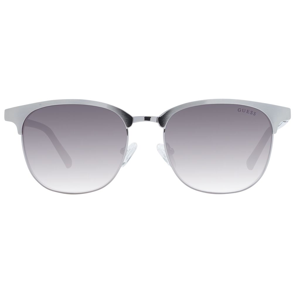 Guess Silver Metal Sunglasses with gradient grey lenses, full-rim metal frame, browline style, 100% UVA & UVB protection, includes branded case.