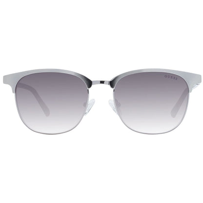 Guess Silver Metal Sunglasses with gradient grey lenses, full-rim metal frame, browline style, 100% UVA & UVB protection, includes branded case.