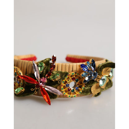Dolce & Gabbana Multicolor Crystal Floral Gold Green Velvet Crown Headband