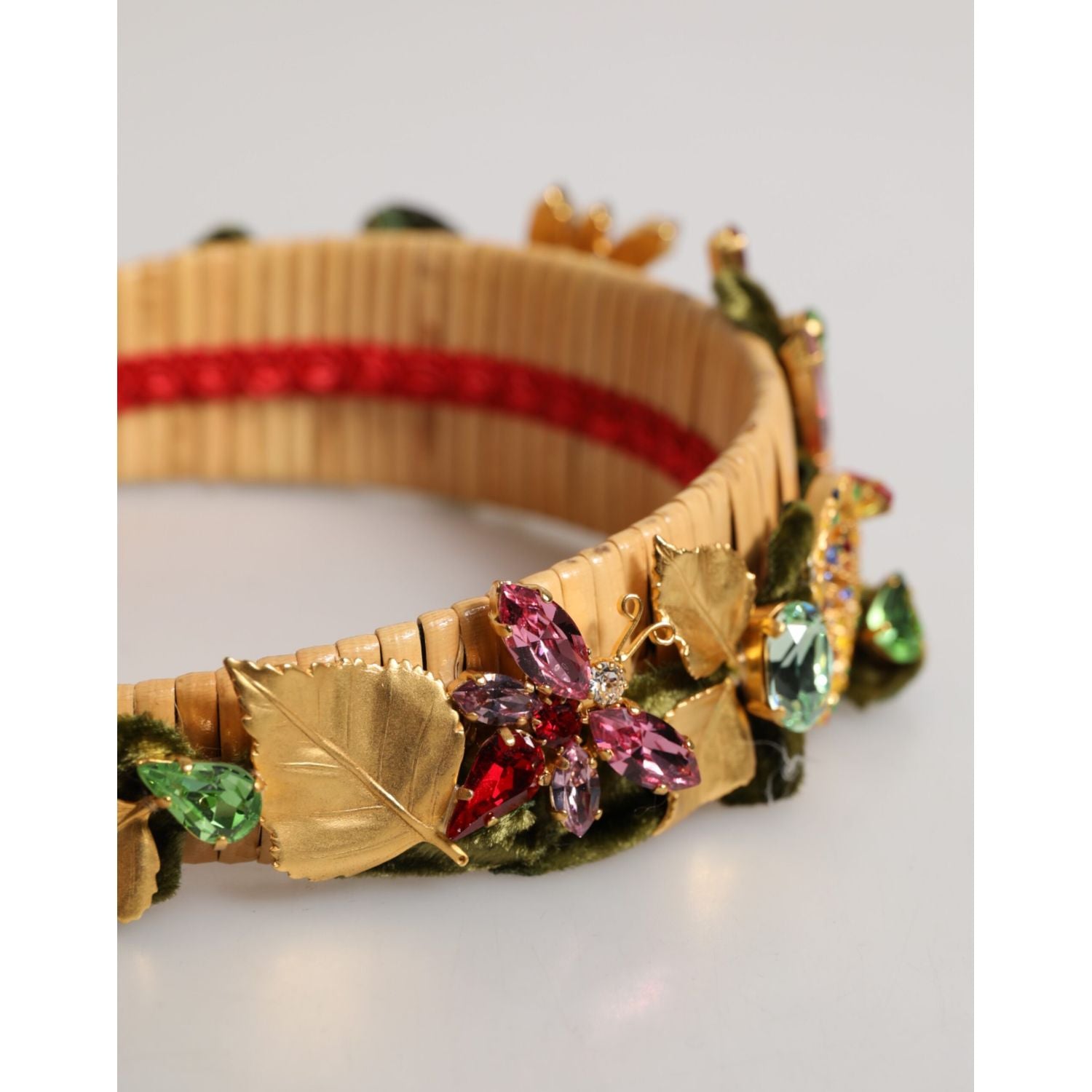Dolce & Gabbana Multicolor Crystal Floral Gold Green Velvet Crown Headband