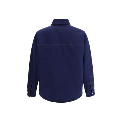 Back view of Gucci Blue Denim Shirt with embossed Gucci label and pointed collar.