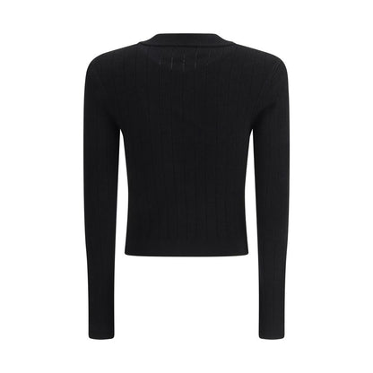 Back view of Balmain Black Viscose Cardigan with cropped design, v-neck, embossed buttons, slim fit, and monochrome pattern.