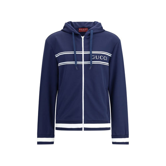 Gucci Blue Polyester Sweatshirt with hood, stripe details, and logo on front.