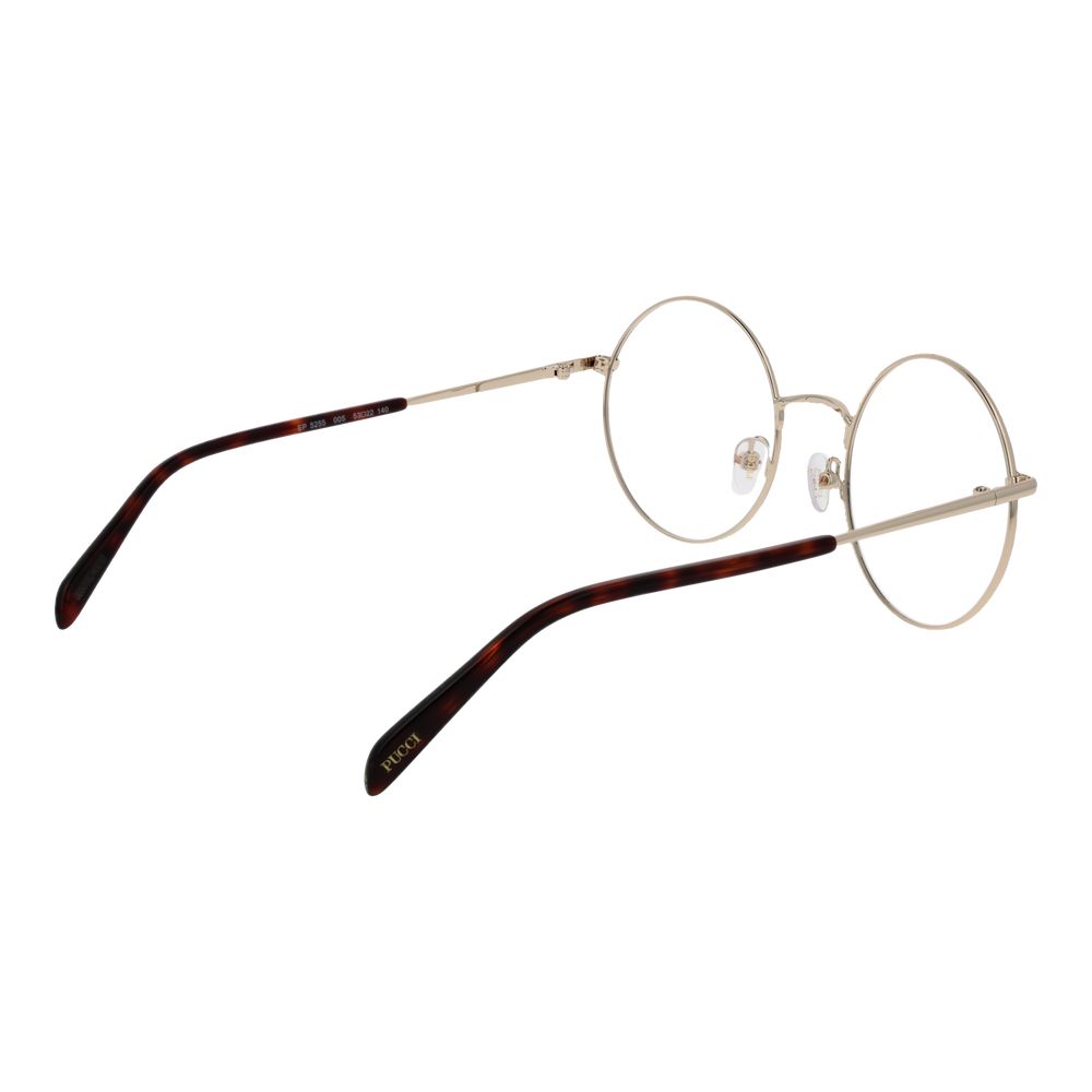 Emilio Pucci Black Women Glasses Frame with metal full-rim round design, plastic demo lenses, and black frame. Size 53-22-140, includes branded case.