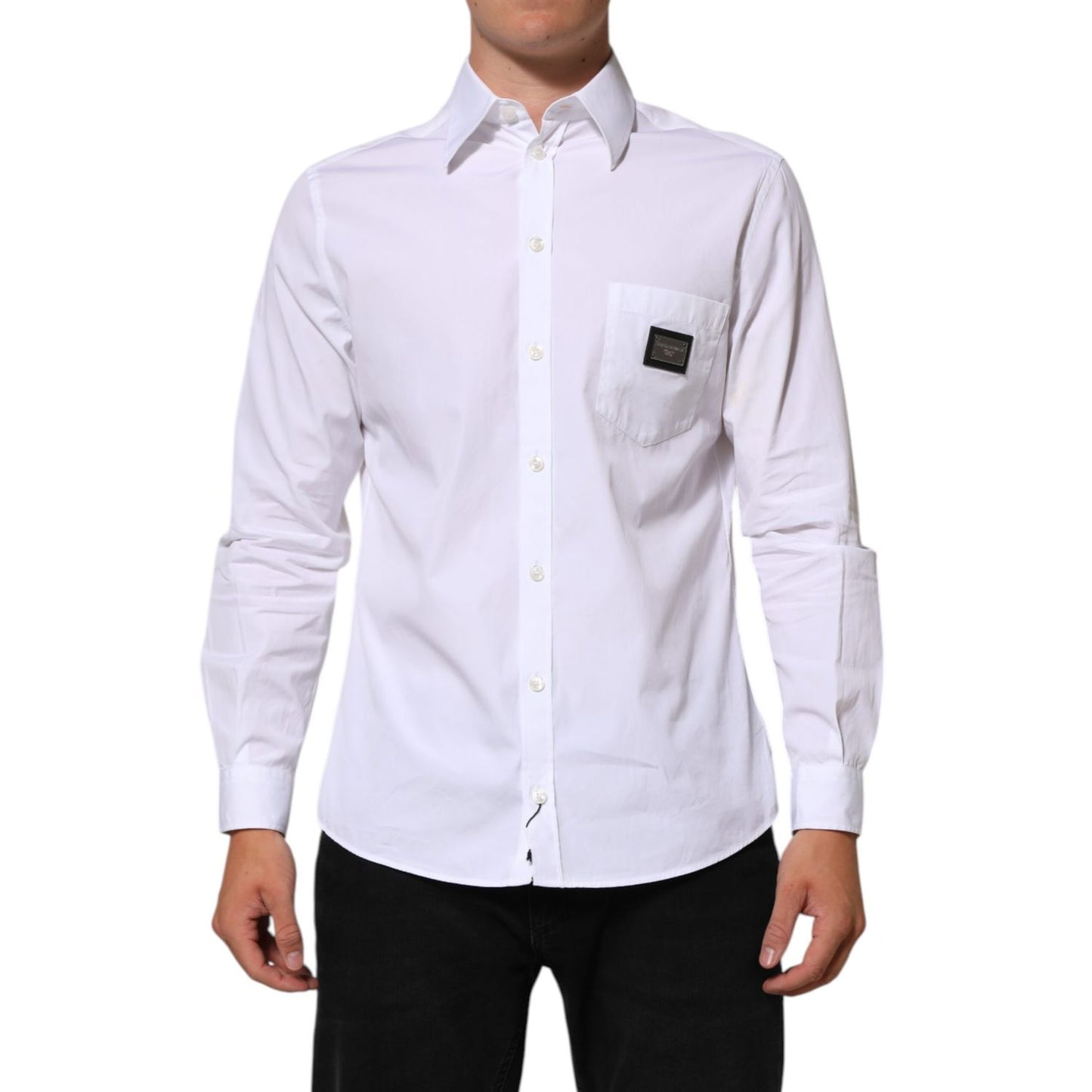 Dolce & Gabbana White Logo Plaque Collared Formal Dress  Shirt