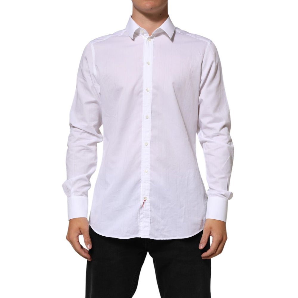 Dolce & Gabbana White Cotton MARTINI Men Formal Dress Shirt, long sleeve, slim fit, model wearing white collared shirt