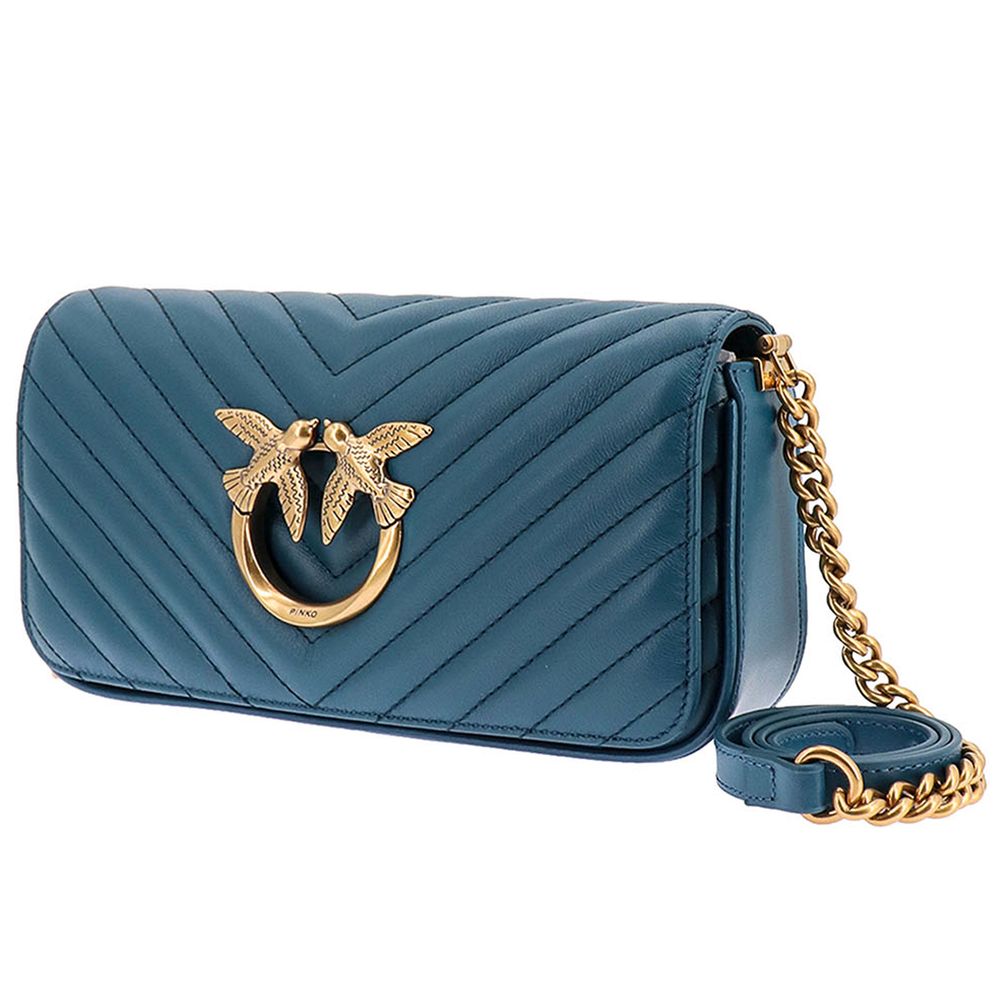 PINKO Blue Calfskin Women Crossbody Bag with gold bird detail and matelassé finish, featuring a leather and metal adjustable strap.