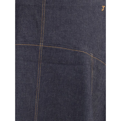 Jacquemus Blue Cotton Midi Skirt with contrast stitching and J embroidery detail, featuring a structured denim design for AW25 collection.