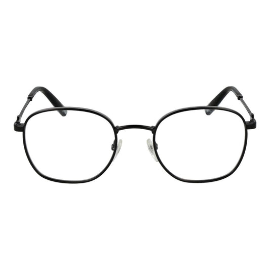 Fila Black Unisex Glasses Frame with stainless steel full-rim and plastic demo lenses, size 51-21-140. Round style, no spring hinge.