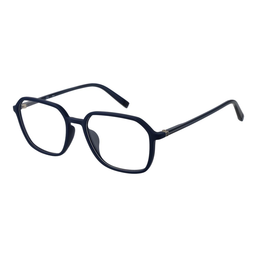 Fila Blue Men Glasses Frame, full-rim square style in cellulose propionate with demo lenses; frame and lenses color blue, size 52-17-145.