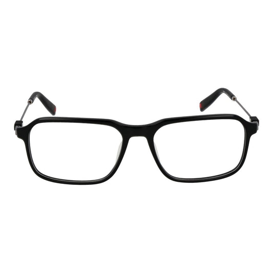 Fila Black Men Glasses Frame, full-rim rectangular design with black metal frame and demo lenses.