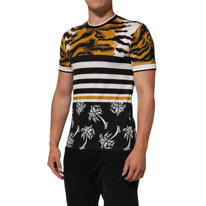 Dolce & Gabbana Multicolor Leopard Palm Leaf Men Crew Neck T-shirt