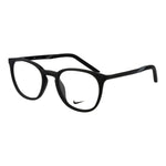 Nike Black Unisex Glasses Frame, full-rim metal design, round style with demo lenses, size 51-20-145, includes branded case.